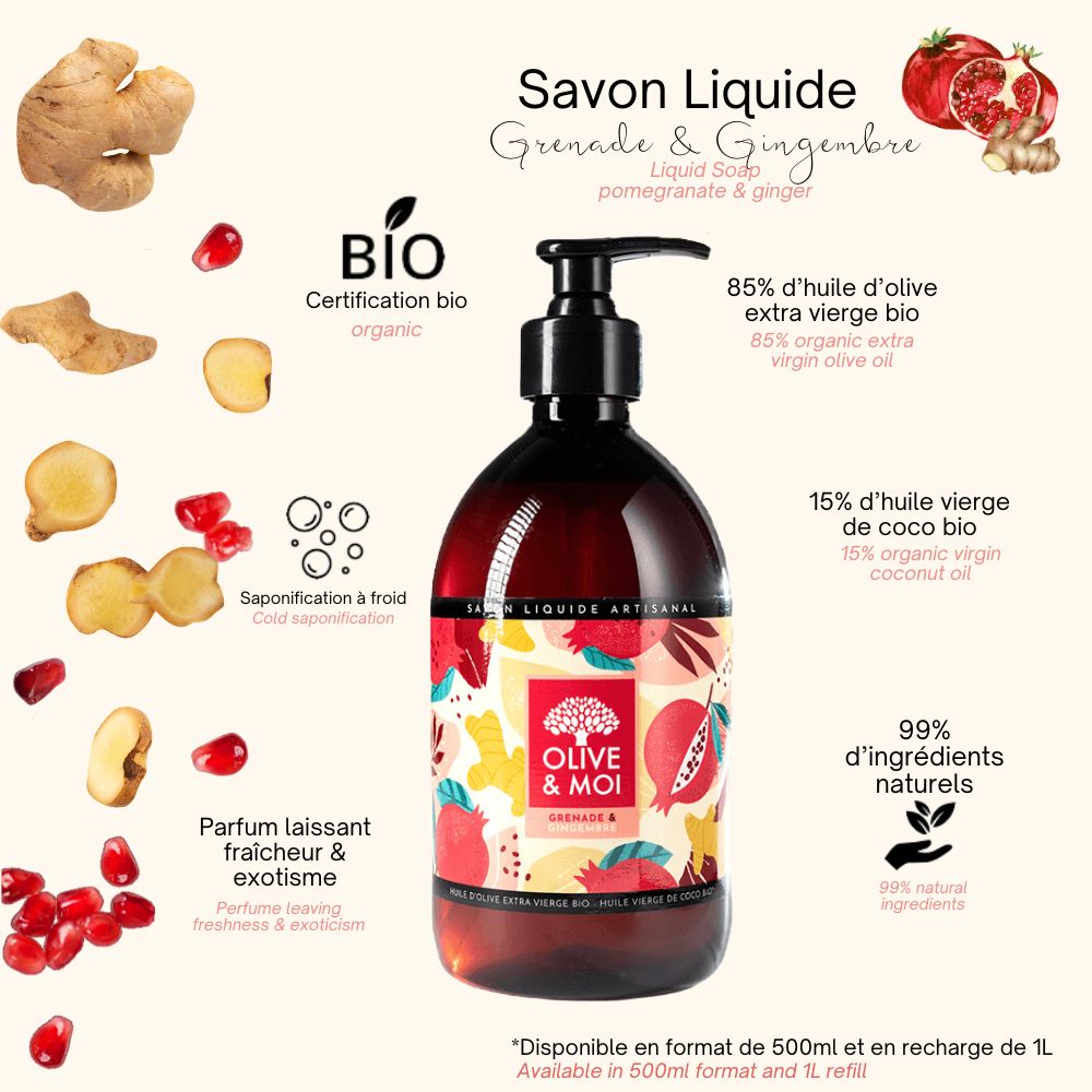 Savon Liquide Olive Extra Vierge & Coco Vierge BIO 500ml – Grenade & Gingembre – Image 2