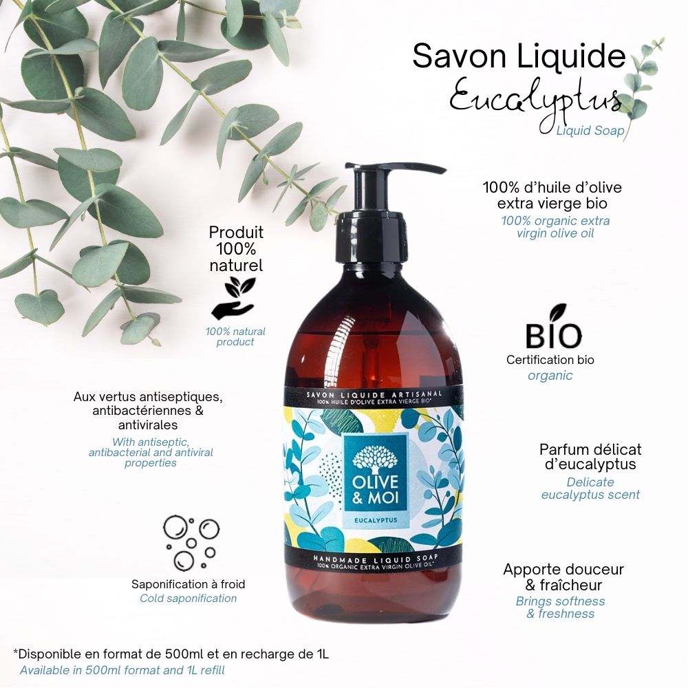 Savon Liquide recharge 100% Olive Extra Vierge BIO 1L – Eucalyptus – Image 2