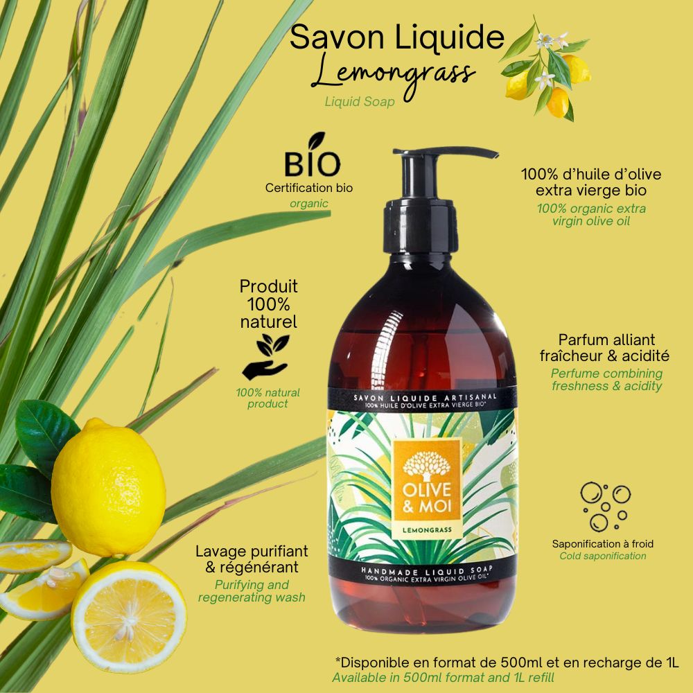 Savon Liquide recharge 100% Olive Extra Vierge BIO 1L – Lemongrass – Image 2